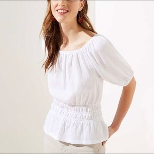 Boho textured cinch waist top in white